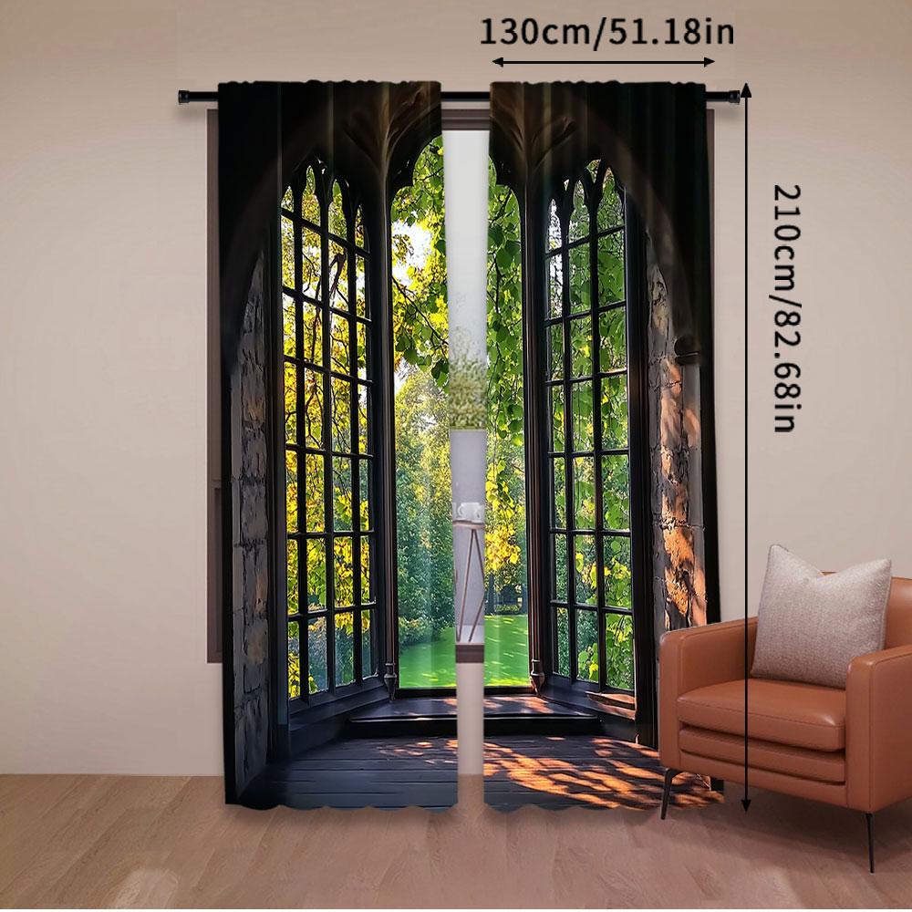 2Pcs French Window Landscape Glass Curtains Natural Green Scenery Outside The Window For Bedroom Bathroom Living Room Dining