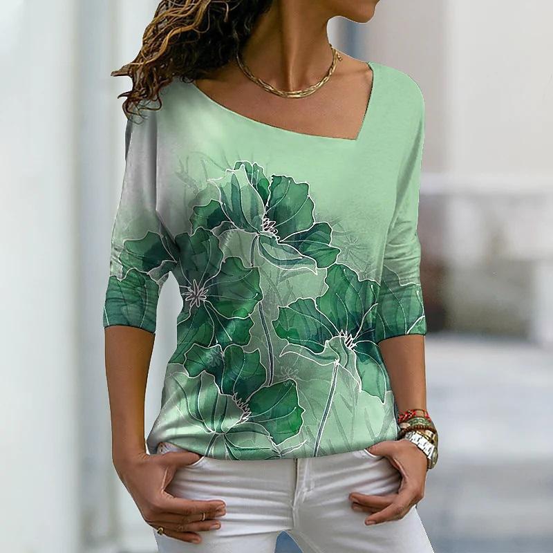 Fashion Women's T-shirt 3d Abstract V-neck Female Clothing Streetwear Short Sleeve Top Leaf Graphic T Shirt