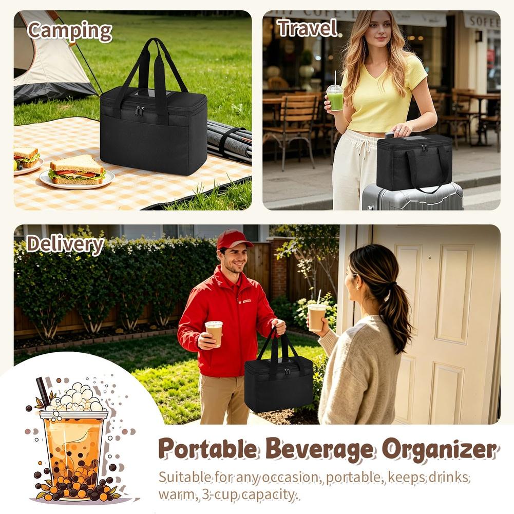 Insulated Cold Drink Carrier Bag 3 Cup Capacity Thermal Takeout Tote With Adjustable Dividers For Travel And Outdoor Use Black