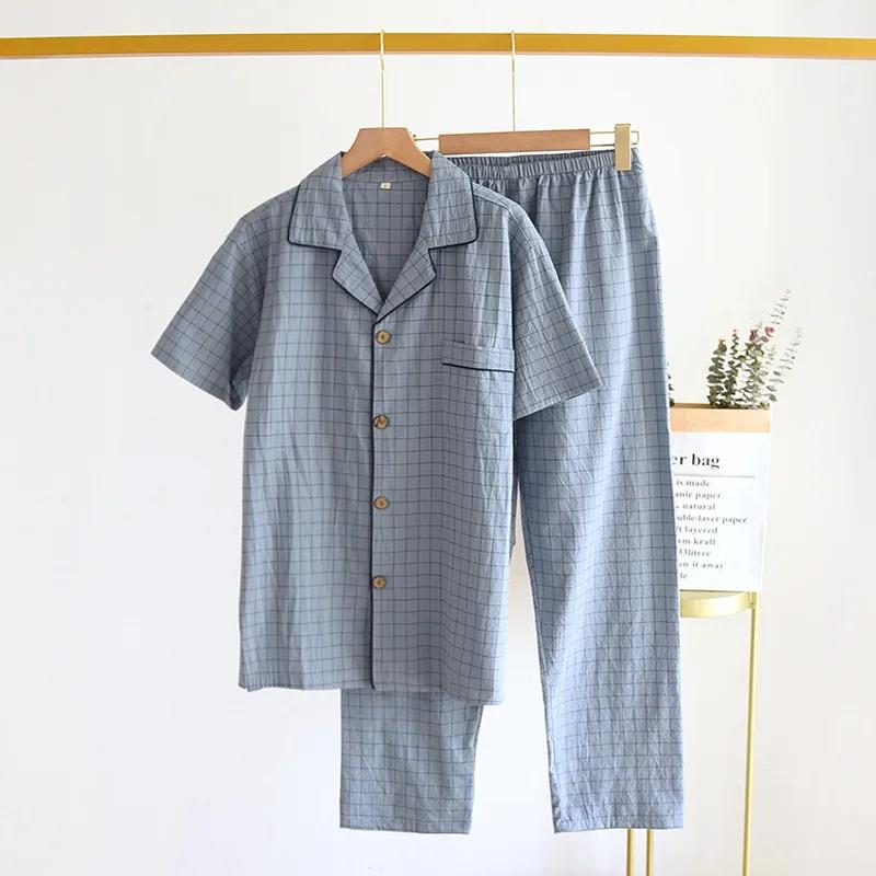 Spring Summer Men's Pajamas Short Sleeved Top and Pants Washed Cotton Simple Plaid Home Service Suit Pantalon Pijama Hombre