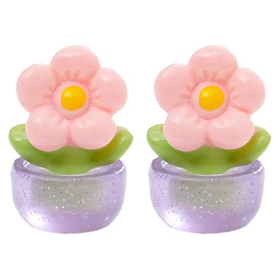 2Pcs Car Dashboard Decor Mini Resin Cute Sunflower and Tulip Miniature Flower Pot Figurines Tiny Flower Figures Car Interior Decorations