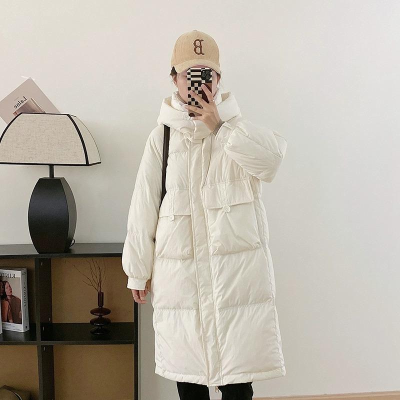 Down jacket women's 2024 new long over-knee thickened large pockets hooded loose casual trendy coat