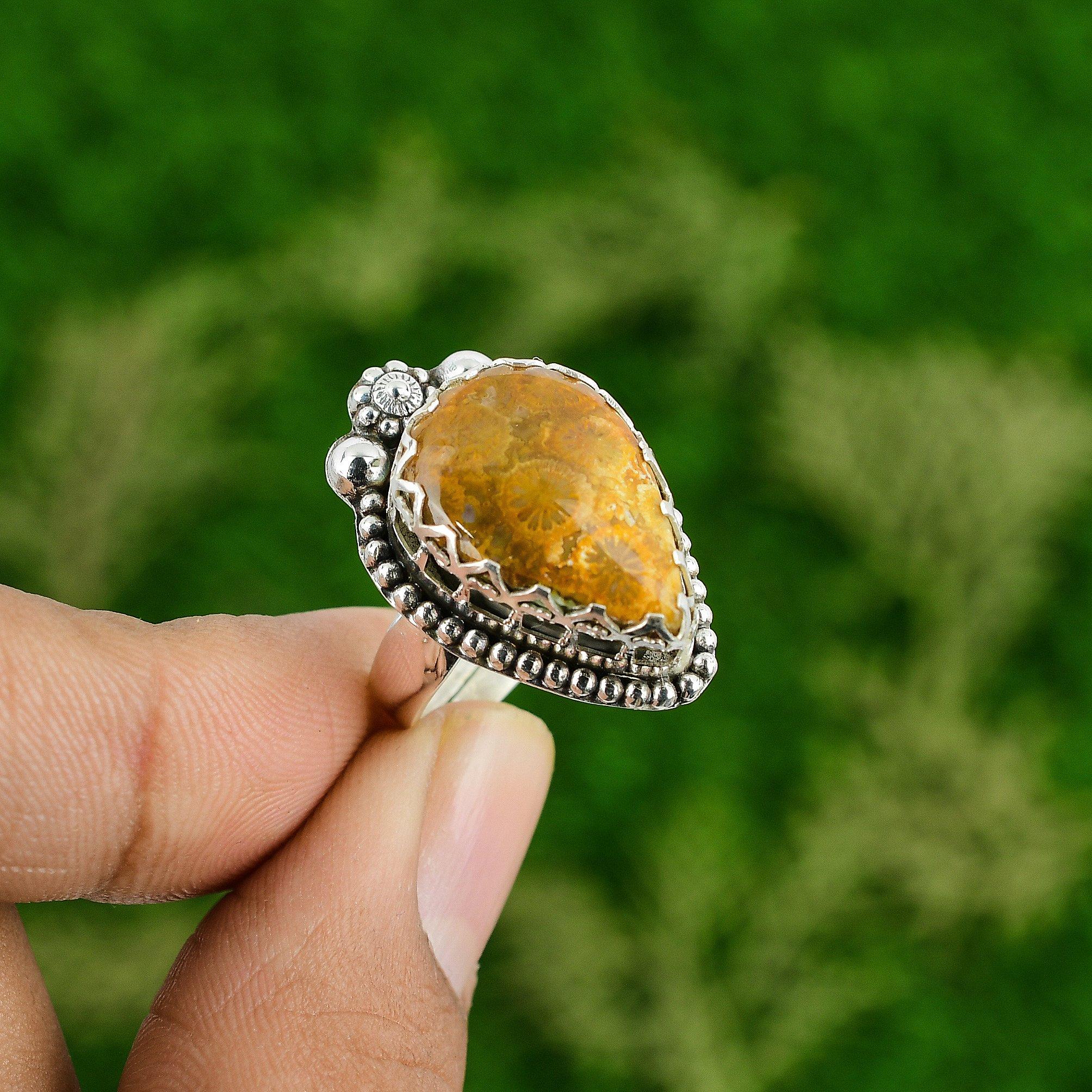 

Natural Fossil Coral Gemstone Promise Brown Adjustable Ring 925 Sterling Silver Adjustable