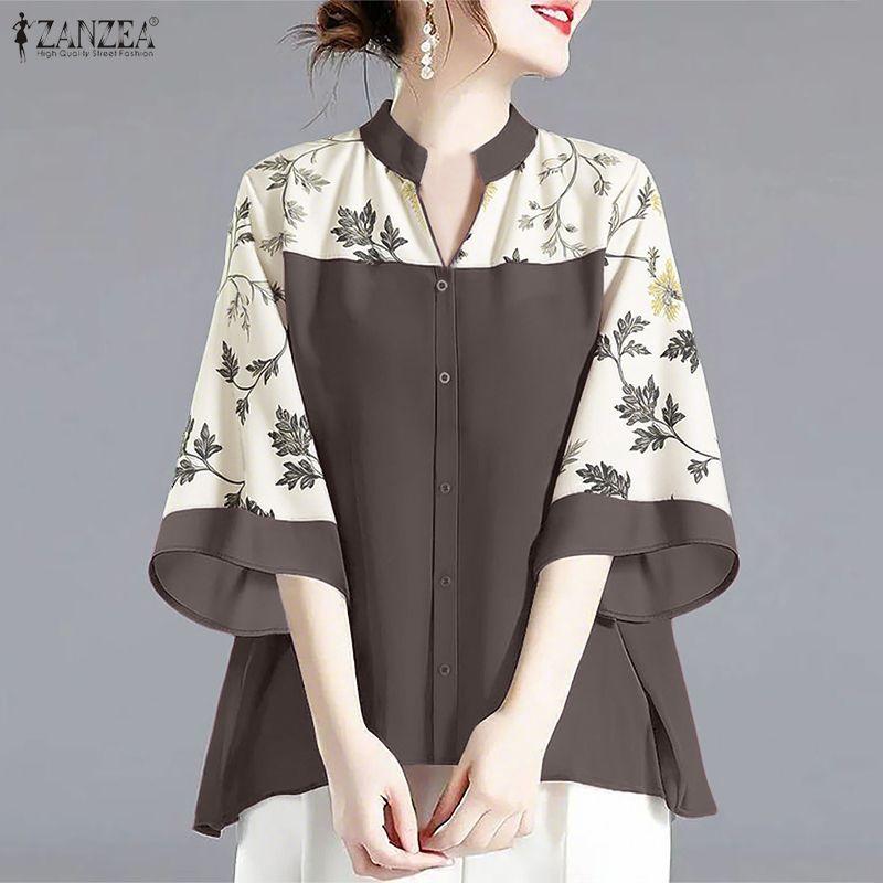 ZANZEA Women Casual V-Neck Loose Print Splice 3/4 Sleeve Blouse