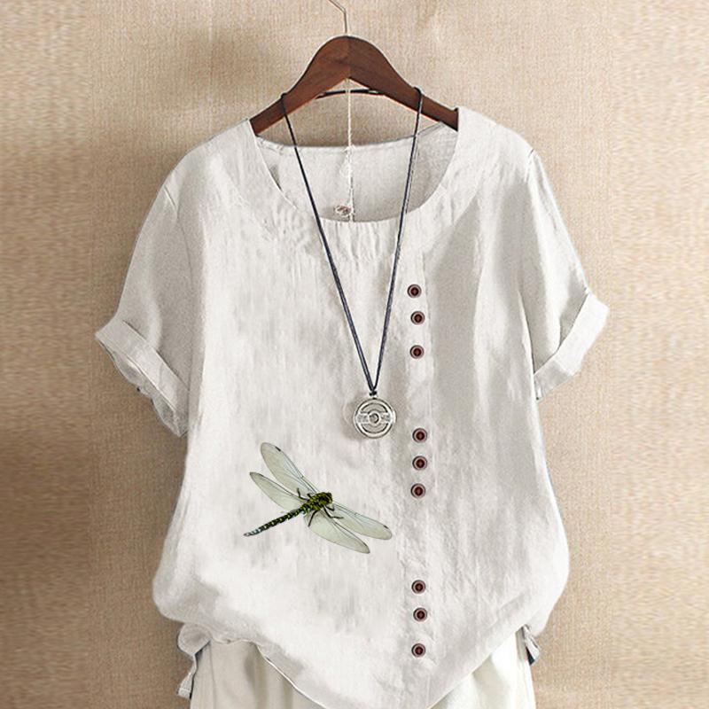 Women's Fashion Round Neck Short Sleeve T-shirt Casual Cotton Linen Graphic Shirt Leisure Loose Dragonfly Prined Summer Blouse Tops