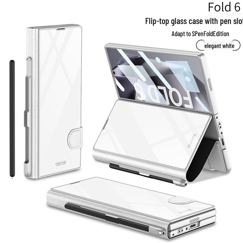 Samsung Z Fold 6 Leather Flip Case with Pen Slot and Glass Cover – Stylish and Business-Friendly.