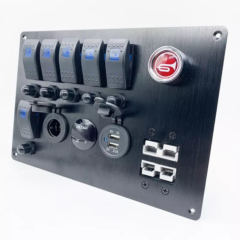 6-Position Rocker Switch Panel with USB Charger & 12V Power Socket for Vehicles