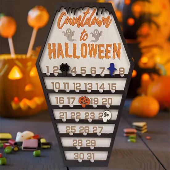 Halloween Countdown Calendar Wooden Coffins Shape Countdown Plaque Ornaments with Pumpkins Ghosts Bats Haunted House Party Decoration