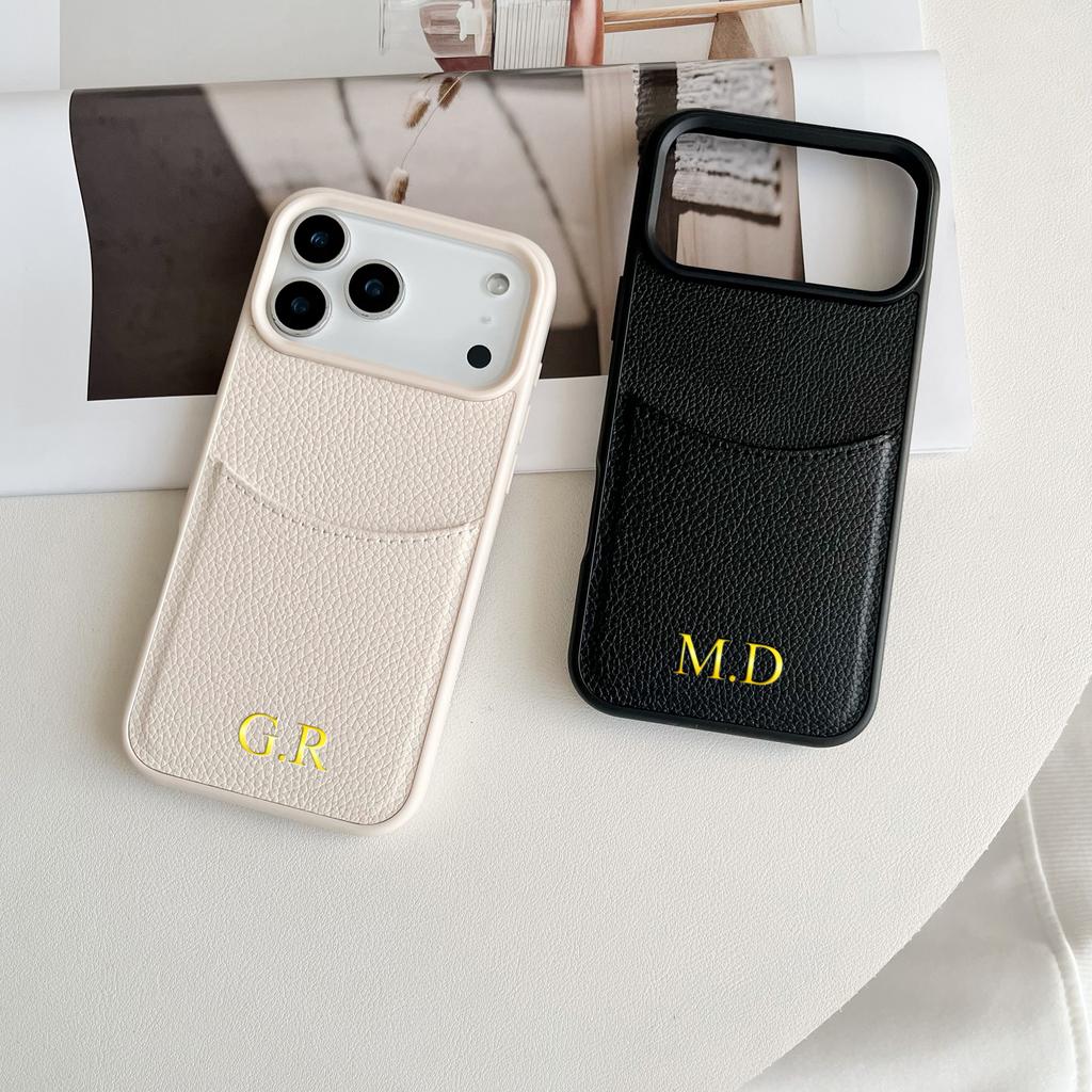 Personalized Custom Name Insert Card Case for iPhone 12 13 14 15 16 17 Pro Max Plus Air PU Leather Gold Hot Foil Stamping