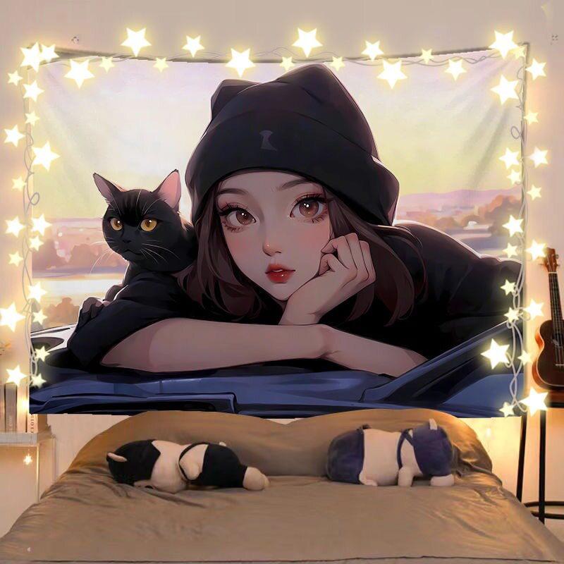 

Anime Girl And Cat Healing Scenery Tapestry Wall Hanging Decorative Fabric for Room Headboard And Background Decoration 74x94cm(29x37in)