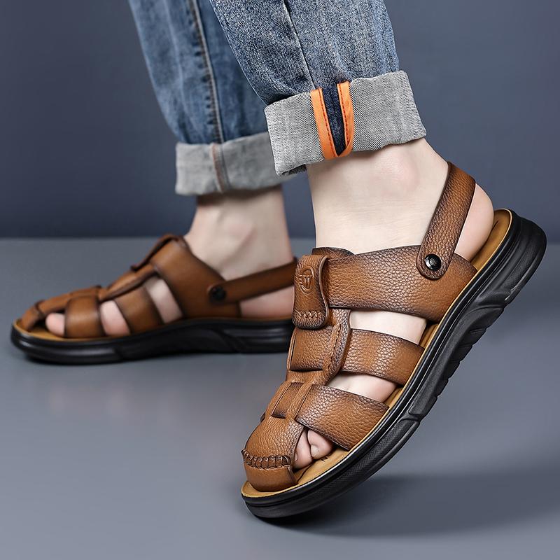 Men Black Hiking Sandals Slippers Handmade Simple Summer Brown Roman Sandals Close Toe Beach Shoes Plus Size