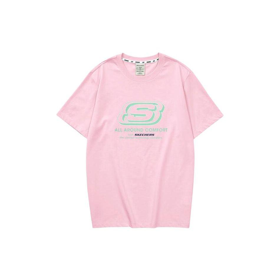 Skechers Colorful Casual Series Letter Print Round Neck Knitted Sports American Vintage Short Sleeve T-Shirt Unisex Tops Pelican-Pink L223U162-00F3