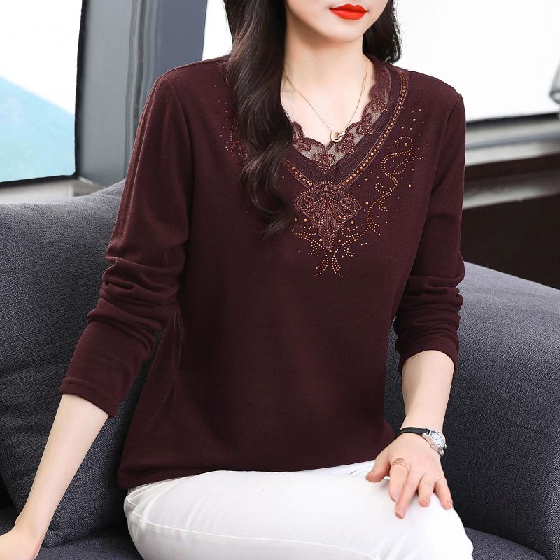 

Женская одежда осень-зима стильные кружевные лоскутные футболки со стразами толстые базовые женские однотонные свободные топы с V-образным вырезом и длинными рукавами XXXL бордовый