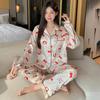 French Cute Cat Ice Silk Pajamas Women'S Spring And Autumn Sweet Wind Cool Long-Sleeved Loungewear Suit Can Be Worn Outside