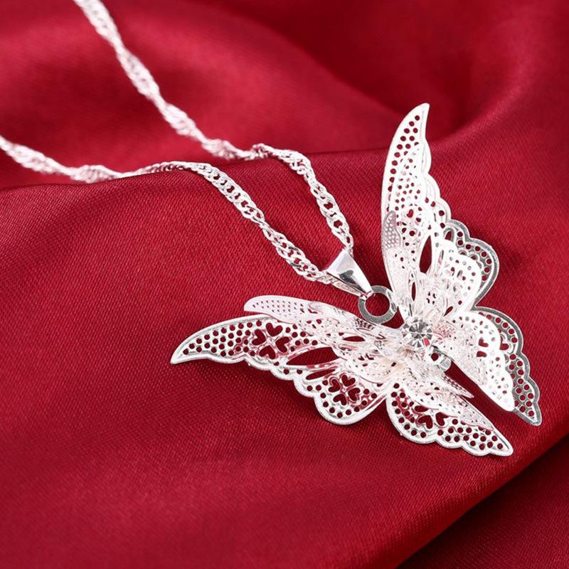 925 Silver Hollow Tip Butterfly Necklace Wings Multi-Layer Pendant, Unisex