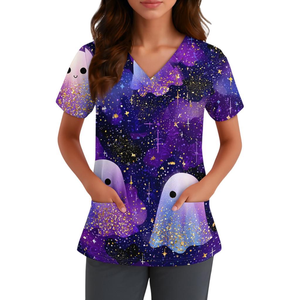 Women V Neck Short Sleeve Top with Pockets Halloween Themed Printed Scrub Shirt Comfortable Fit for Staff
