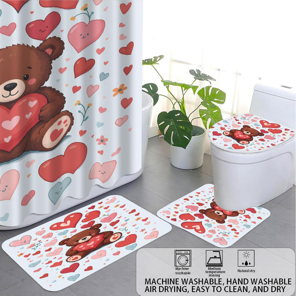 4pcs Valentine's Day Romantic Bear Printed Bathroom Set Waterproof Shower Curtain Floor Mat Toilet Mat U-Shaped Mat