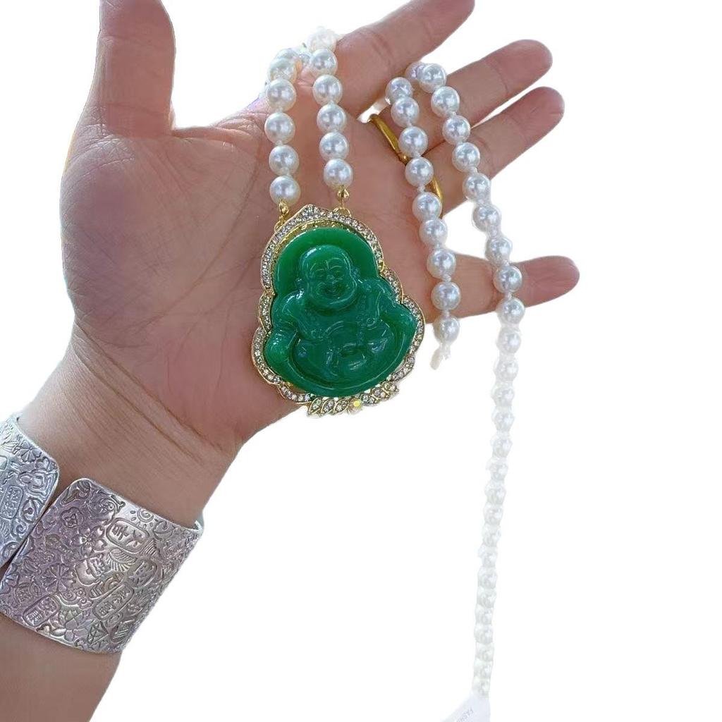 Laughing Buddha Imitation Jade Necklace - Maitreya Pendant, Fashionable Chinese Light Luxury Jewelry