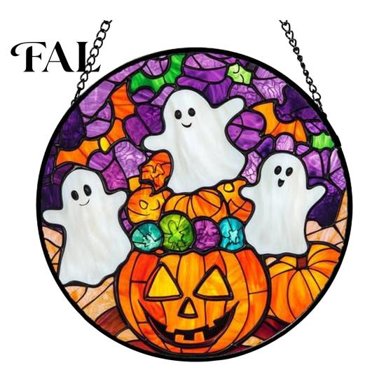 Stained Glass Style Wall Art Halloween Suncatcher Ornament, Vintage Hanging Window Decor with Pumpkin Ghost Bat Witch Festival Atmosphere Gifts