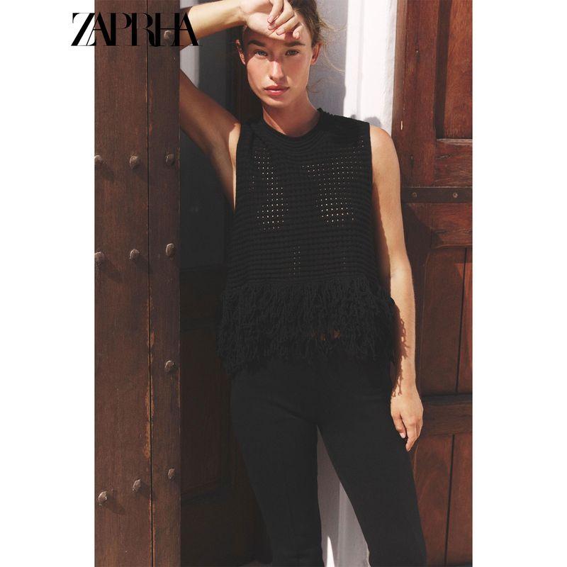 Zaprha 2025 Autumn New Sweet Plaid Knitted Tassel round Neck Sleeveless Vest Top 4331027