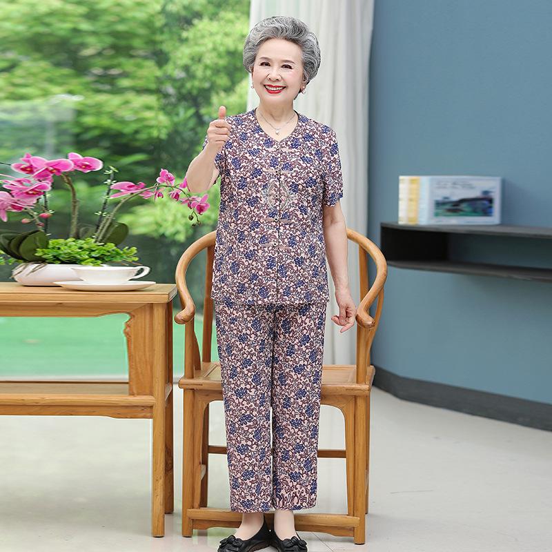 

Grandma s Summer Cotton Silk Two-Piece Set: Plus-Size Short Sleeve Top & Pants for Women 3XL (recommended 120-135 jin)