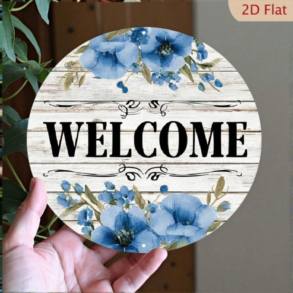 1pc Rustic Blue Floral Metal Welcome Sign 8x8 Inch Aluminum Spring Wreath Attachment for Home Door Decor