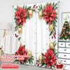 2pcs 2D flat printing Christmas Window Curtains Christmas Poinsettia Holly Ornaments 100% Polyester Without Electricity Holiday
