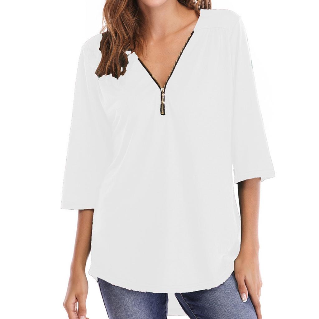 Ladies' Loose Comfortable Casual And Fashionable Pleated Zipper Loose Half Sleeved T-shirt Top