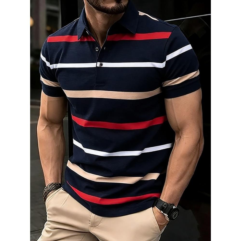 Summer Men's Short Sleeved Polo Shirt 3D Striped Printed Short Sleeved Shirt