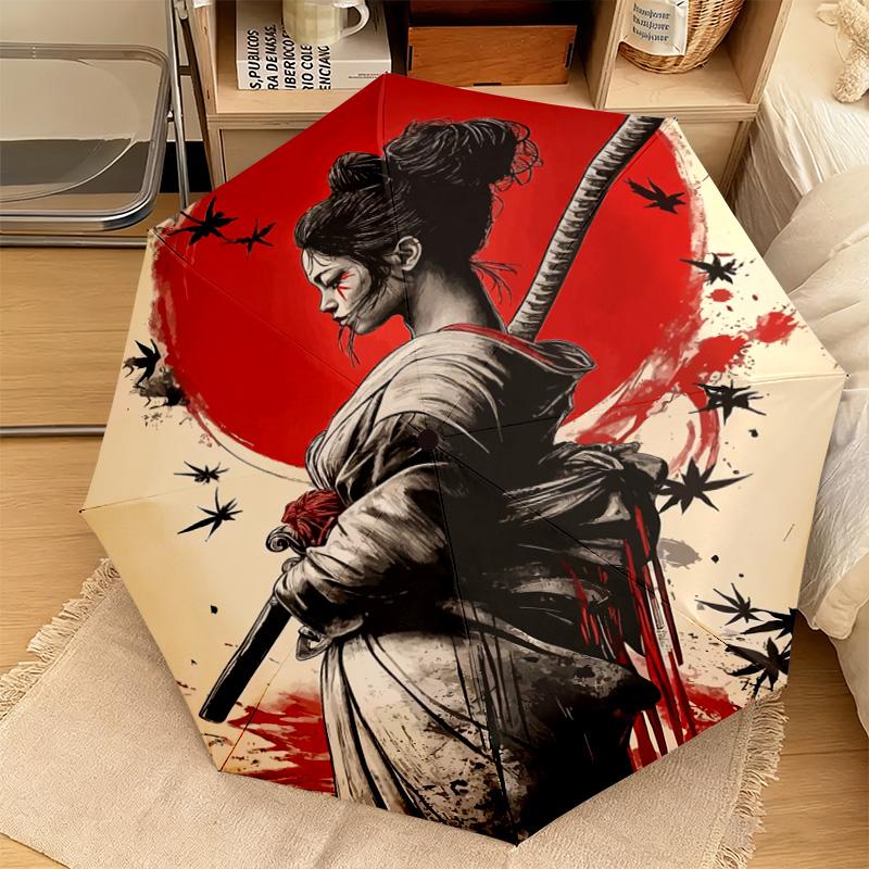 1PC Samurai Sunset Blossoms Automatic Umbrella - Suitable Travel Outdoor Portable Umbrella Birthday Gift Daily Essentials