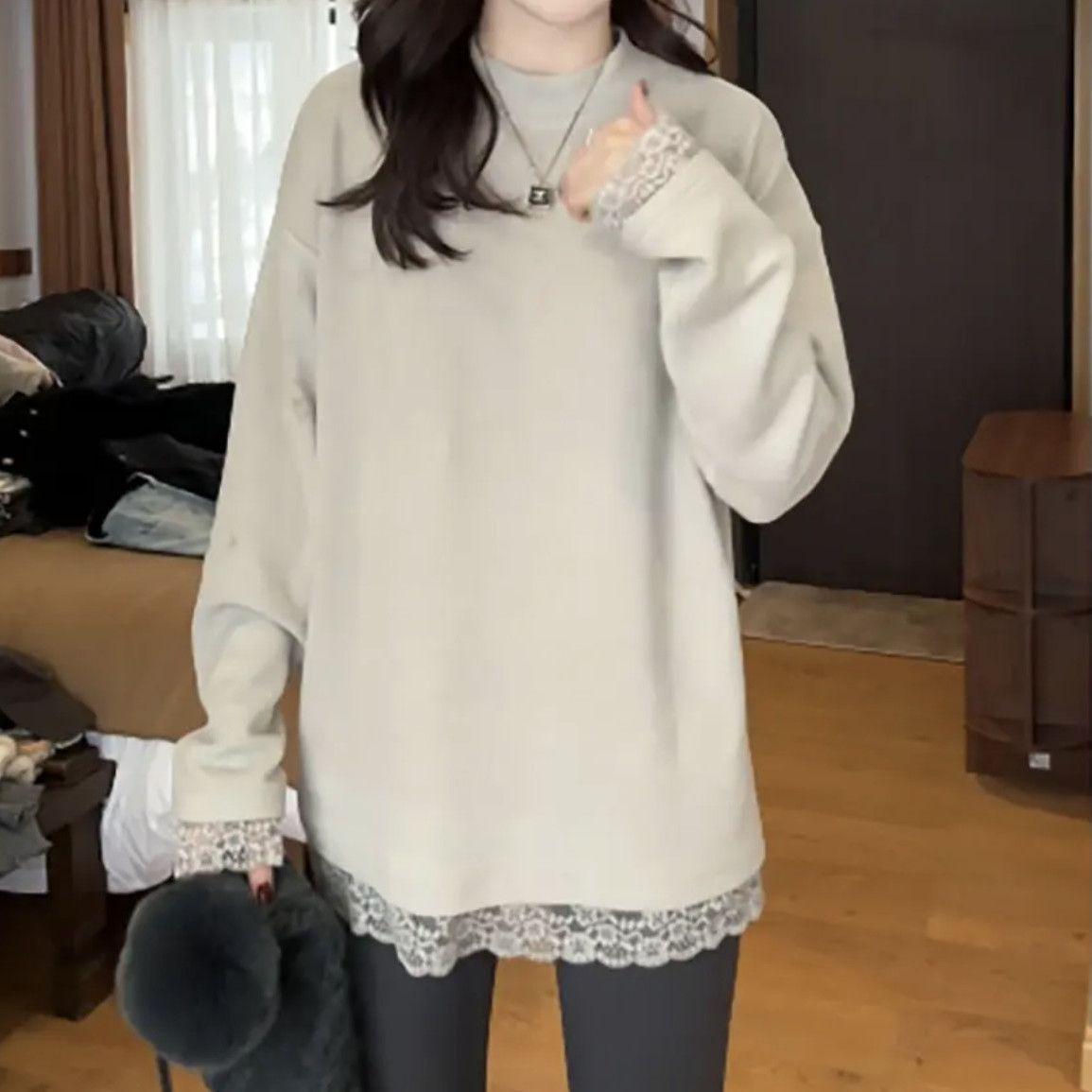 

Plus Size Women s Lace Patchwork Long Sleeve Warm Base Layer Top for Autumn/Winter 2XL