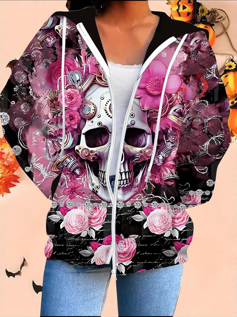Halloweenowy kardigan z kapturem drukowany 3D plus size jesień zima retro