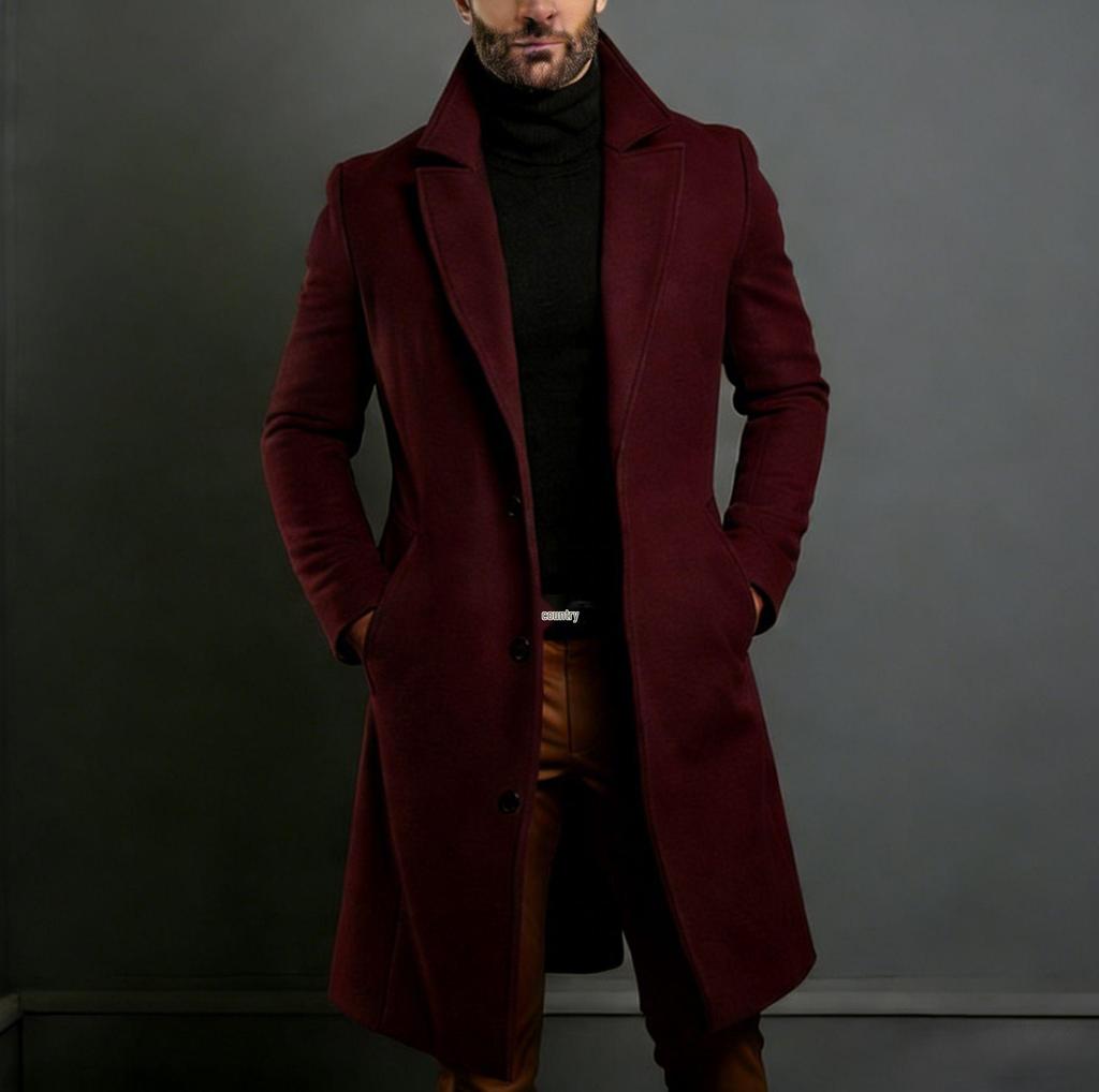 2025 European Men's Woolen Mid-Length Single-Breasted Fashion Overcoat