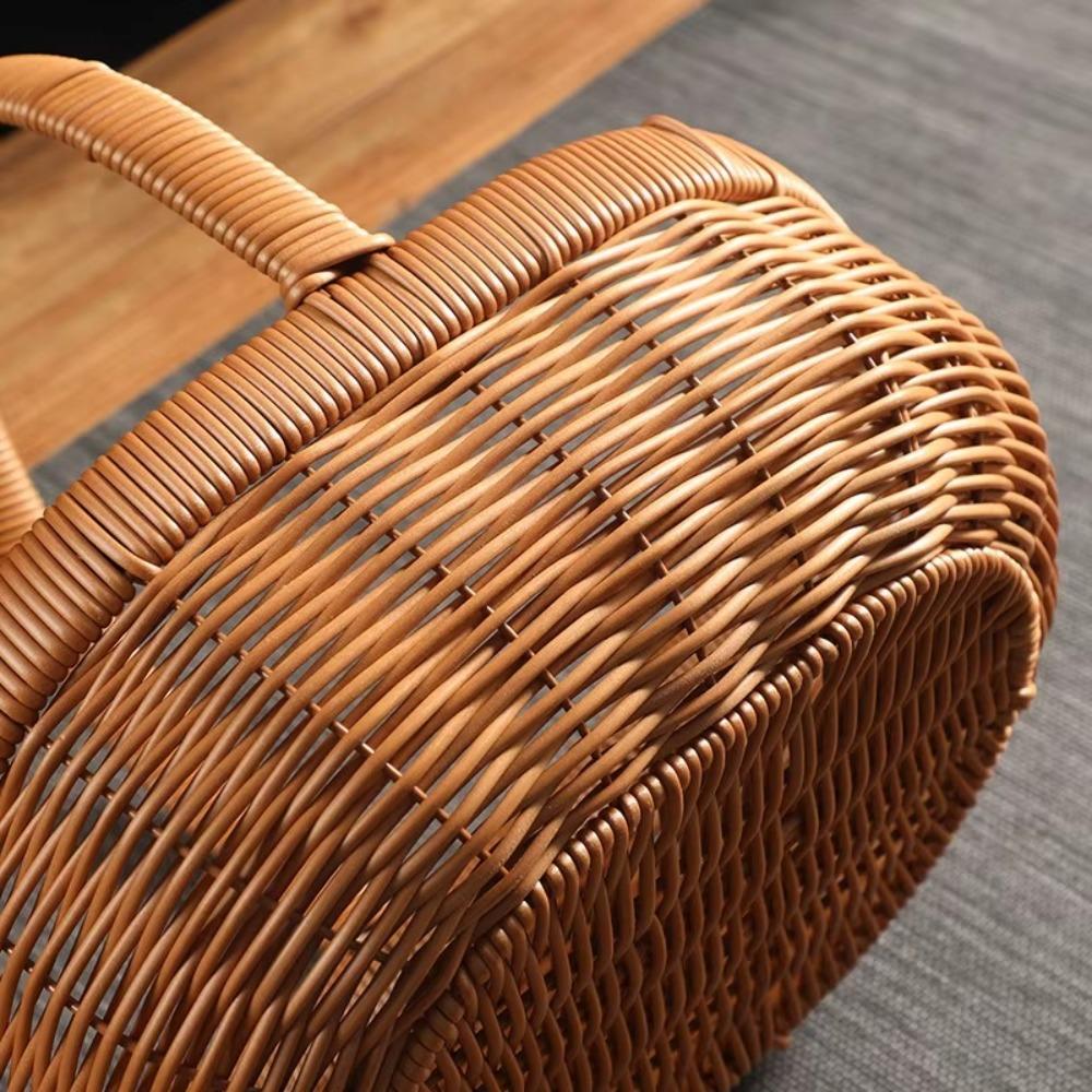 Handmade Bamboo Flower Basket Long Handle Fruit Storage Bin Kitchen Accessories
