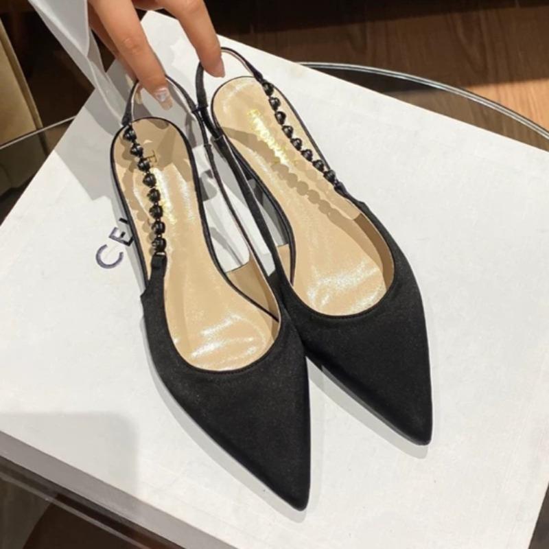 Spring New Baotou Sandals Pointed Head Shallow Mouth Bead Line with Soft Sole Anti-slip Wear-resistant Thick Heel Shoes
