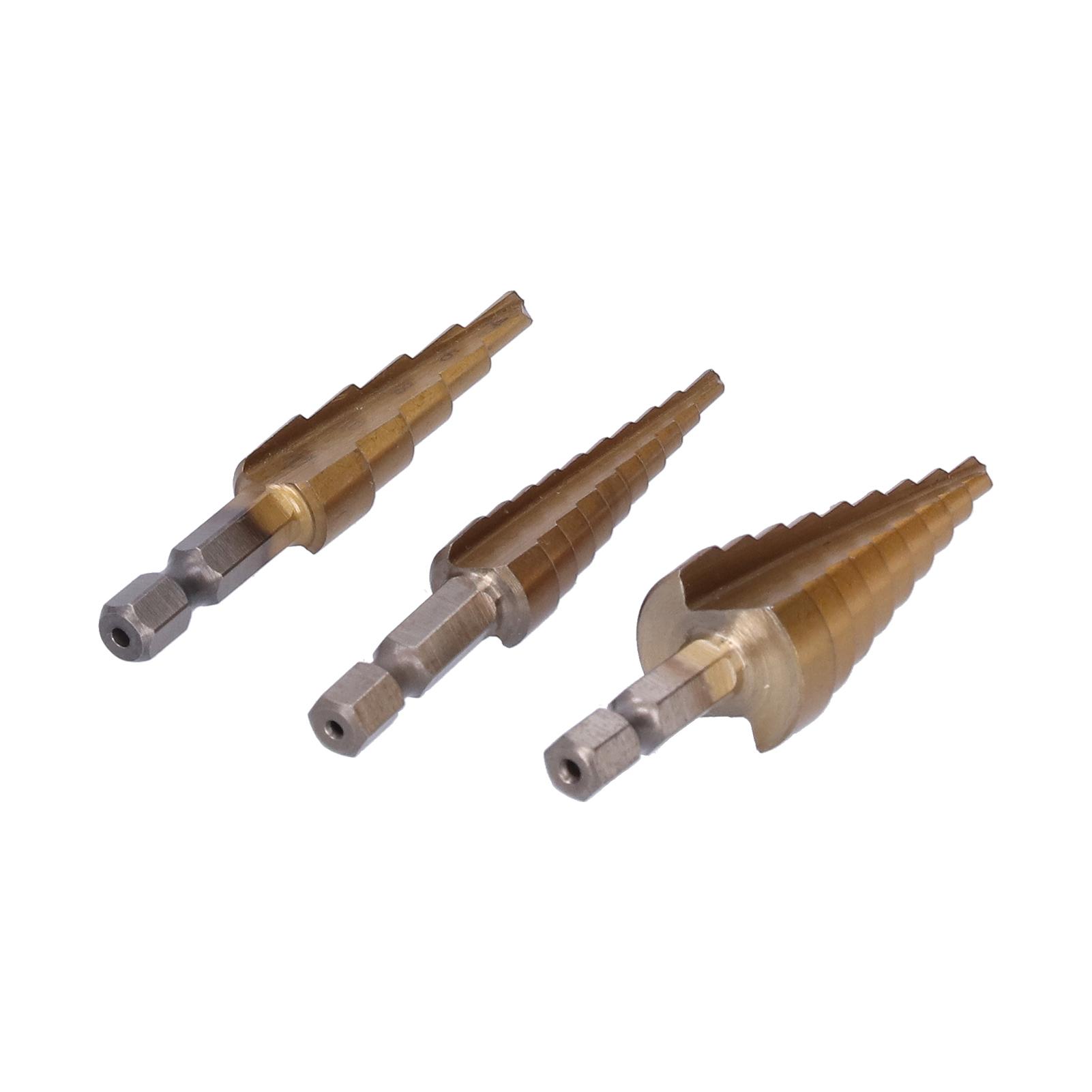 

3 шт. ступенчатое сверло с титановым покрытием из легированной стали с шестигранным хвостовиком и прямой канавкой 312412420