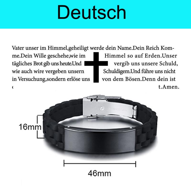 Engraved Christian Lord's Prayer Black Silicone Bracelet Men German French Hebrew Multi Language Brazalets