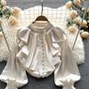 Satin Loose Shirt Long Flared Sleeves Ruffles O Neck Beading  Women Gentle Office Lady Casual Blouse