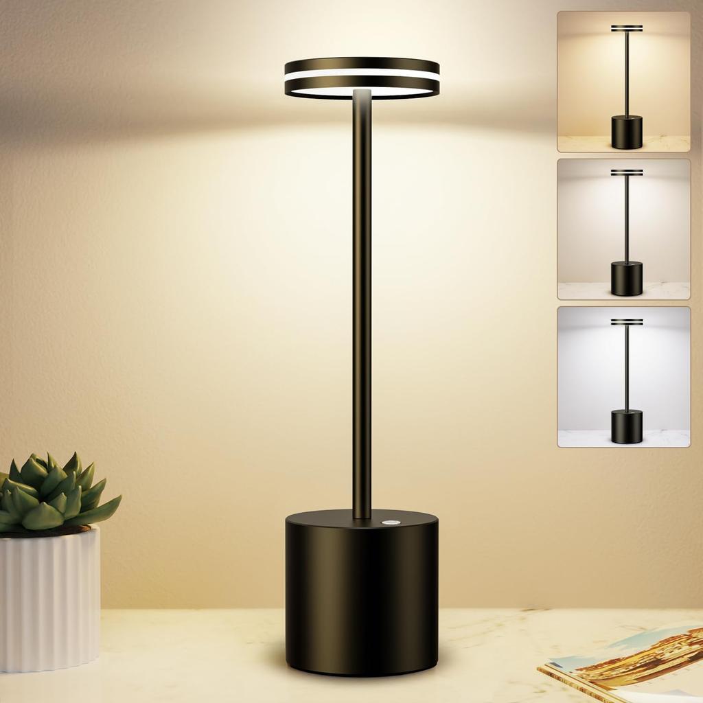 Cordless Table Lamp Rechargeable, 5000mAh Battery Operated Lamp, 3 Color Stepless Dimming Table Lamp, Metal Table Light, 48 Hours Usage, Wireless Outd