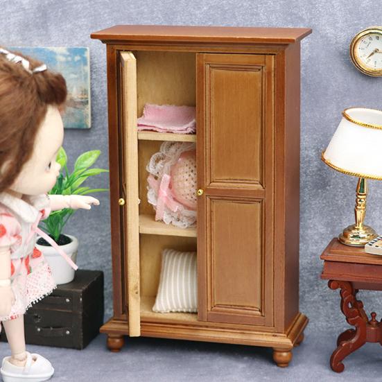 Miniature Wooden Wardrobe Retro Meticulous Workmanship Minimalistic Dollhouse Wooden Upright Wardrobe for 1/12 Doll House