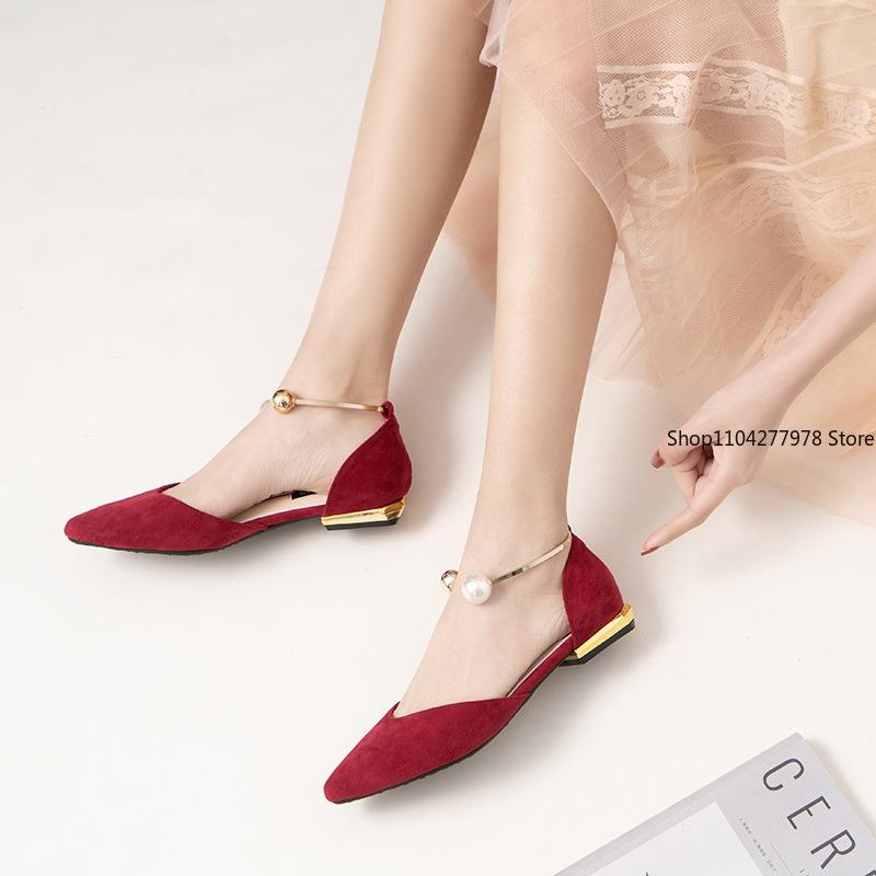 Fashion 2025 Women Rounded Toe D'orsay Satin Evening Dress Flat Shoes with Metal Ankle Bracelet Pearl Ball Special Flats Colors Size 43