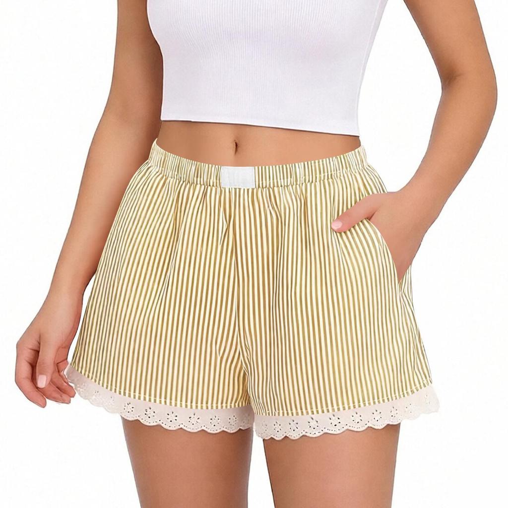 Women's Fashion Striped Shorts with Lace Trim Elastic Waistband Casual Summer Beachwear Comfortable Lightweight Lounge Bottoms