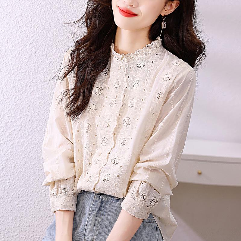 Women's Apricot Lace Collar Embroidered Long Sleeve Shirt - Spring 2025 Collection