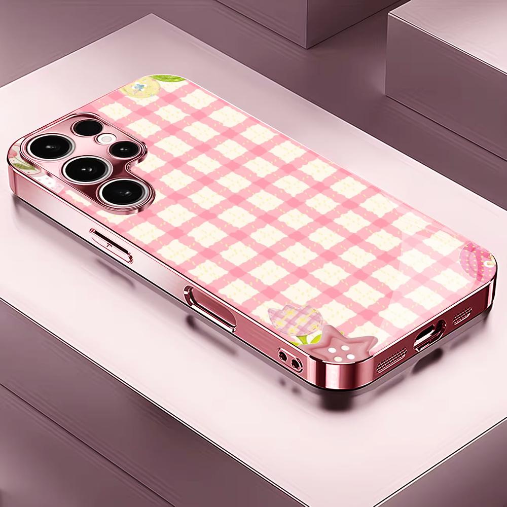 New Cute girl plaid PhoneCase for Samsung Galaxy S26 S25 S24 S23 S22 FE Ultra Plus Built-in glass feel bare machine Men women