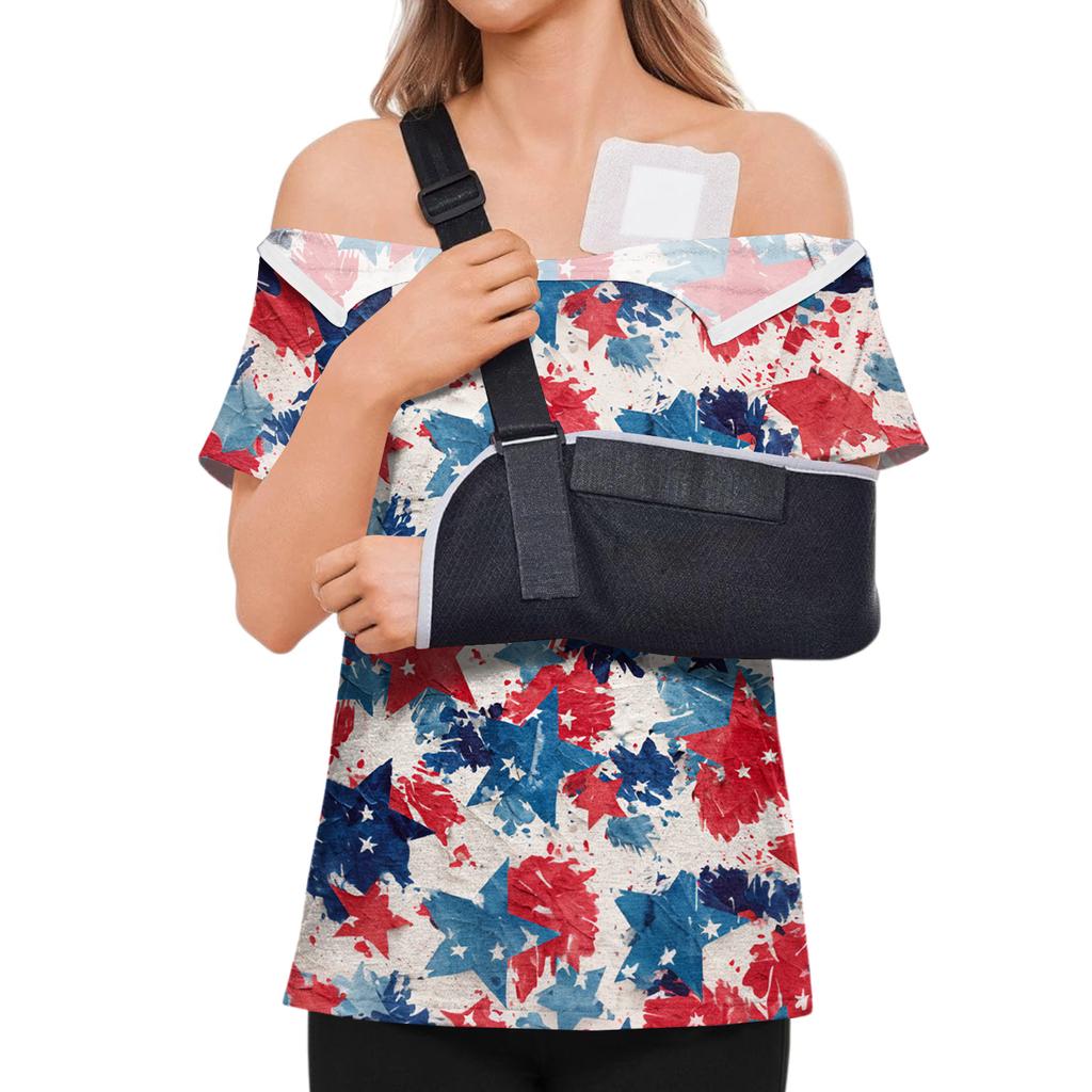 Women's Post-operative Short-sleeved Color Shirt With Shoulder Zipper And Side Closure.
