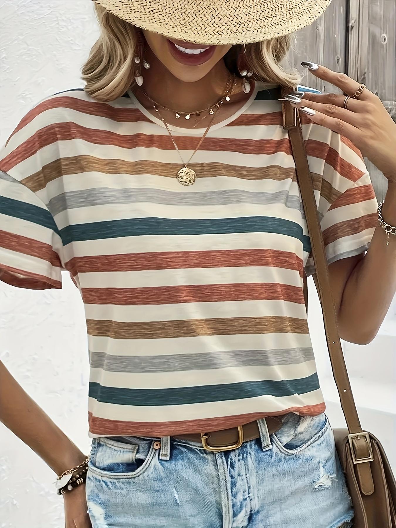 SEASONMARK 2026 Summer New Women s Stripe Print Crew Neck T-Shirt Casual Short Sleeve Top for Spring & Summer S