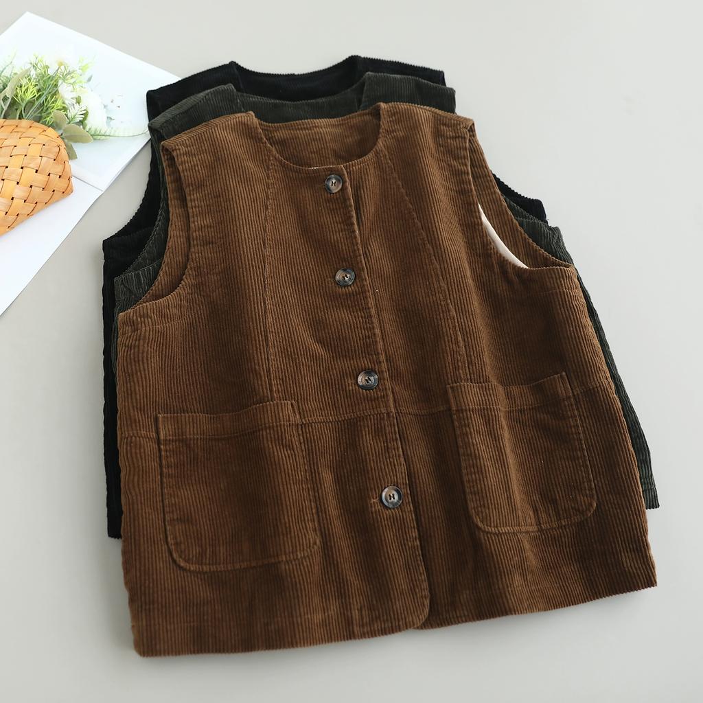 Dimanaf 2025 New Short Corduroy Jacket Vest Autumn Sleeveless Retro Coat Buttons Women Solid