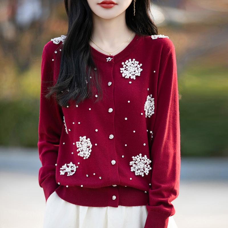 

2025 Spring French Chic Merino Wool Cardigan with 3D Beaded Flowers XL сірий колір