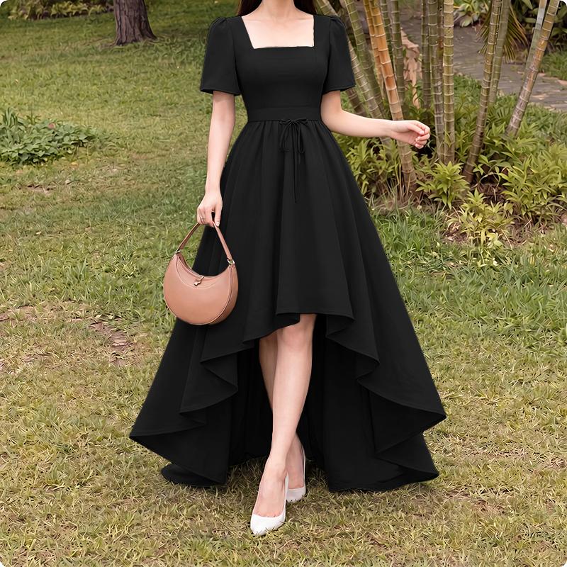 ZANZEA Women Elegant Square Collar Asymmetrical Hem Short Sleeve Dress M