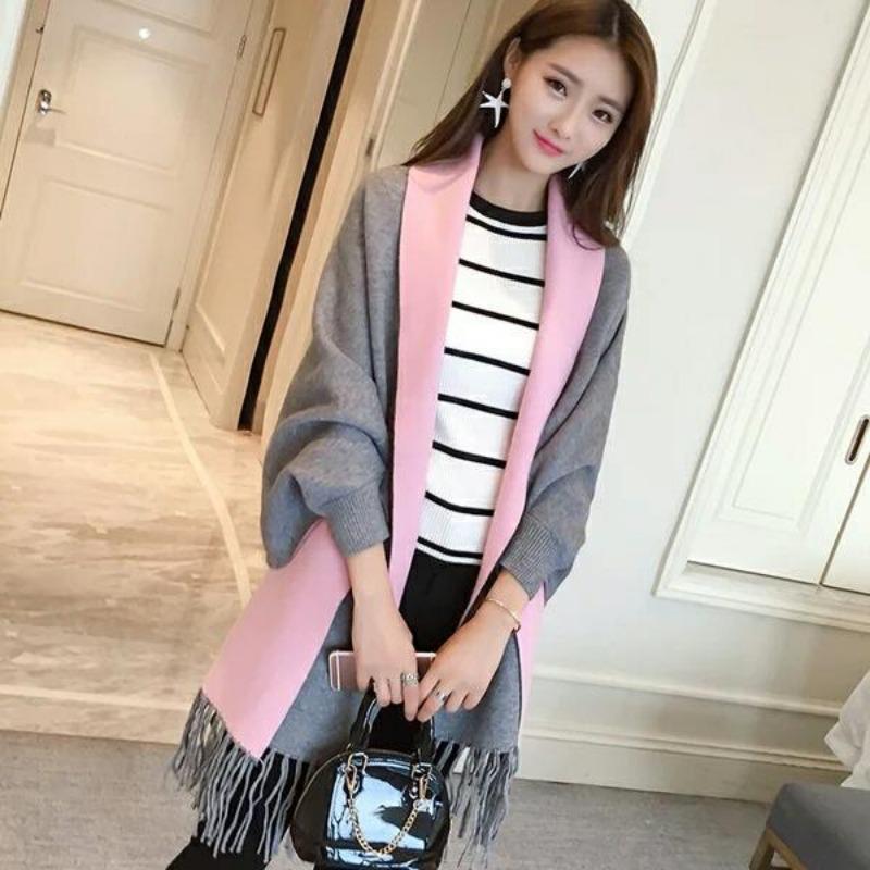 Women'S Double-Sided Shawl, Scarf, Dual-Purpose Fringed Thickened Long-Sleeved Cashmere-Blend Cape Jacket